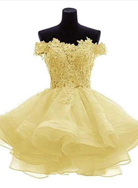 White sweetheart lace applique short cute white homecoming dress Off Shoulder Organza Short Lace Applique Teen Formal Dress c3219