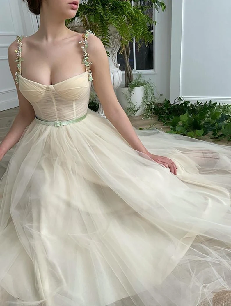 Beige Fairy Tulle Prom Dress  Beads Straps Fairy Prom Gown, Handmade Tea-length A-Line Tulle Ball Gown Wedding Dress c2752