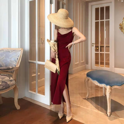 French Retro Sexy Swing Neck Sling Skirt Burgundy Prom Dress,Spaghetti Straps Classic Prom Dress  C1798