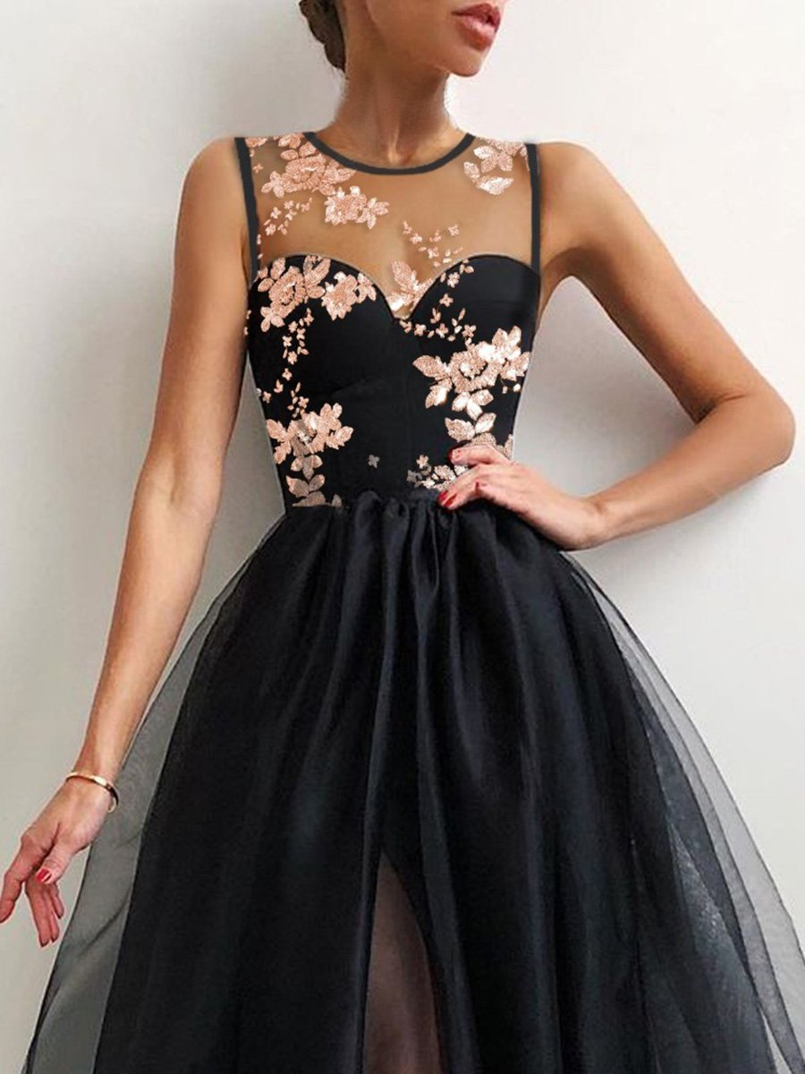 Flower Embroidered Mesh Slit Front Evening Dress c2836