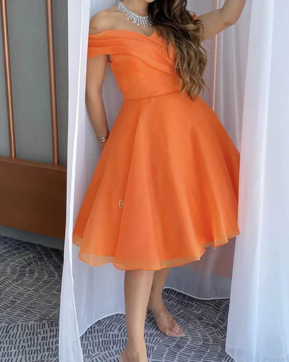 Orange Tulle Off The Shoulder Homecoming Dress c3448