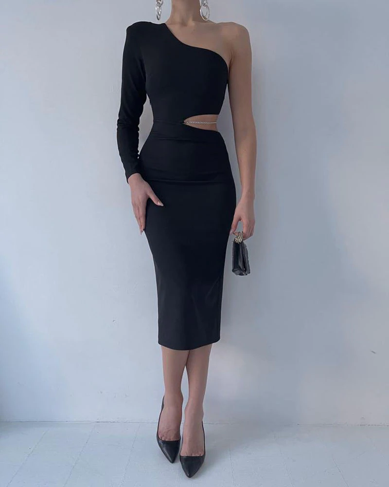 One Shoulder Chain Decor Cutout Bodycon Dress Party Dress c2509