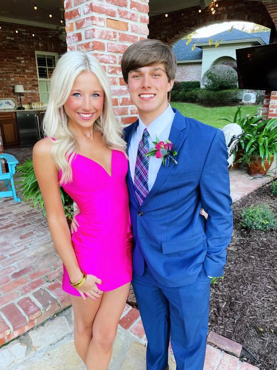 A-line V Neck Simple Homecoming Dress Straps Cute Party Dress Hot Pink Homecoming c3328