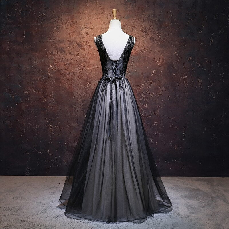 CHIC A-LINE V-NECK FLOOR LENGTH TULLE BLACK APPLIQUE LONG PROM DRESS EVENING DRESS C1592