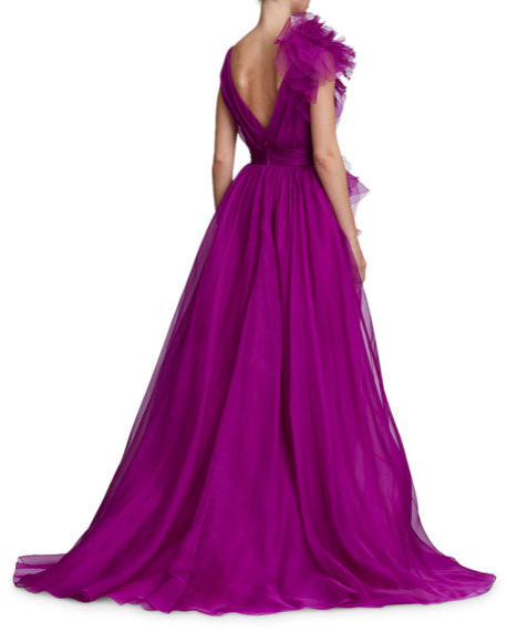 Deep V Neck Tulle Prom Dress Pur­ple Tulle Pan­el Evening Dress cc05