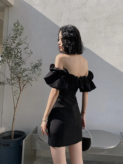 Black White Women Short Dress Pretty Mini Party Dress Ruffules Neckline Homecoming Dress c3308