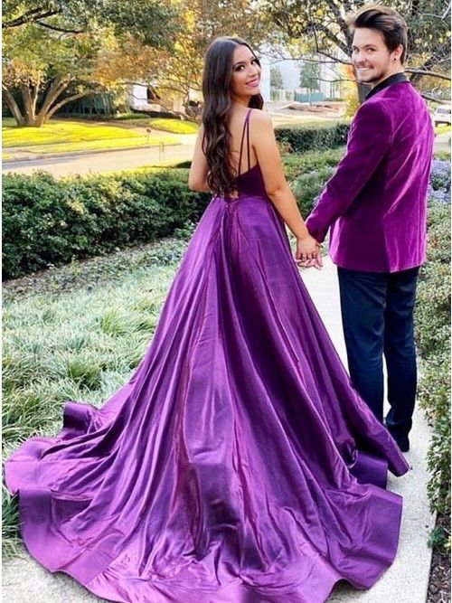 A-Line Long Purple Prom Dresses V neck Satin Evening Gown c3251