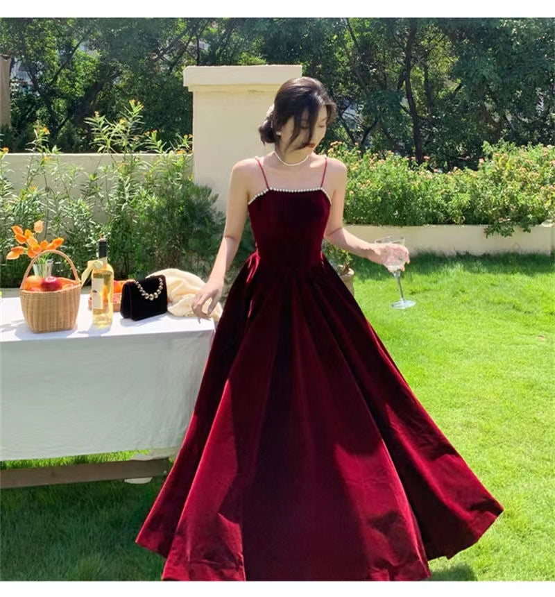 Spaghetti Straps Burgundy Velvet Prom Dress Simple Prom Dress Party Dress C2320