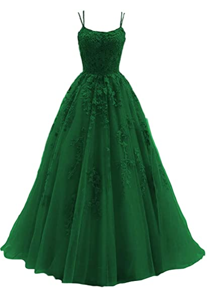 Green spaghetti strap prom dress, long tulle lace appliquéd women's party dress C1889