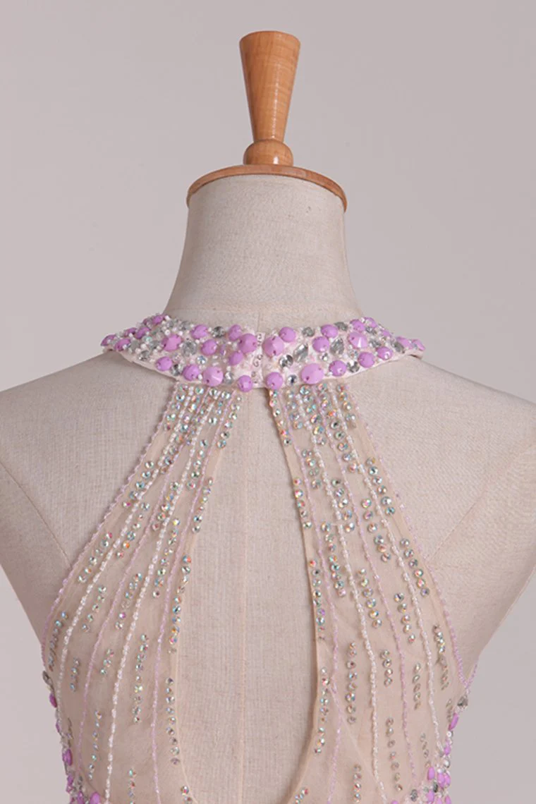 Two-Piece Halter Open Back Homecoming  Dresses Beaded Bodice Chiffon A Line c2655