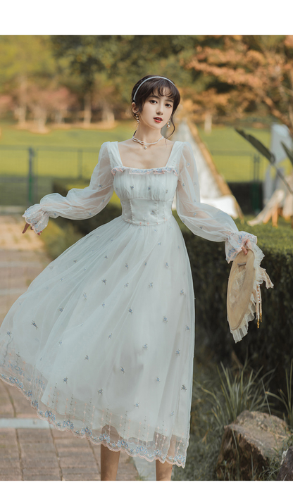 White Mesh Fairy Dress Woman French Vintage Embroidery Floral Flare Sleeve Princess Prom Dresses  c2876