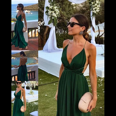 simple A-line dark green boho long party dress C968
