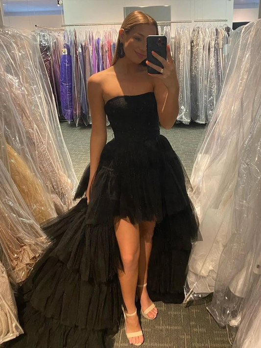 Black High Low Tulle Prom Dress, Black Tulle High Low Formal Evening Dresses cc300