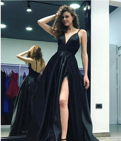 Sexy Side Slit Backless Spaghetti Straps A-line Long Evening Prom Dresses C1666