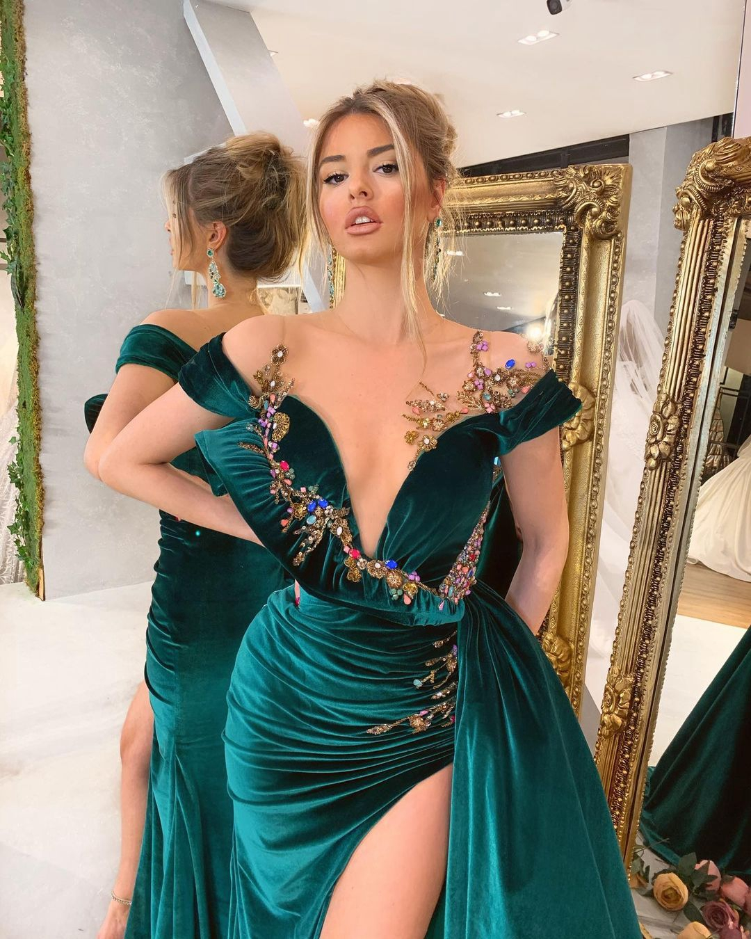 Off The Shoulder Velet Unique Long Prom Dress With Appliques  C1668