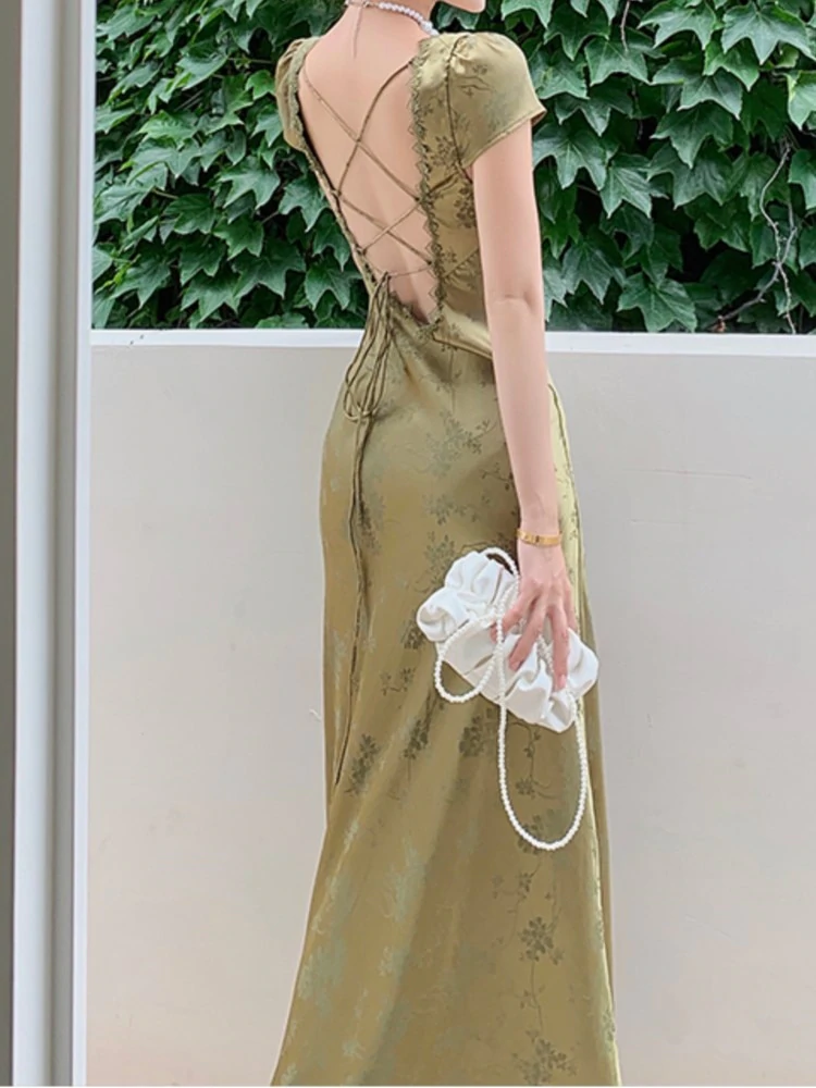 Summer Elegant Women Satin Backless Short Sleeve Lace Sexy Bandage Vintage Bodycon Vestidos Female Fashion Robe New Prom Dress c2501