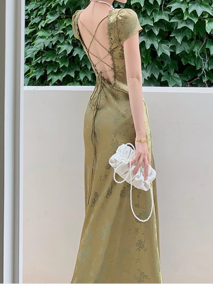 Summer Elegant Women Satin Backless Short Sleeve Lace Sexy Bandage Vintage Bodycon Vestidos Female Fashion Robe New Prom Dress c2501