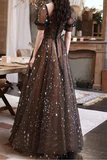 A Line Sequin Short Sleeves Prom Dresses, Tulle Floor Length Evening Dresses C2410