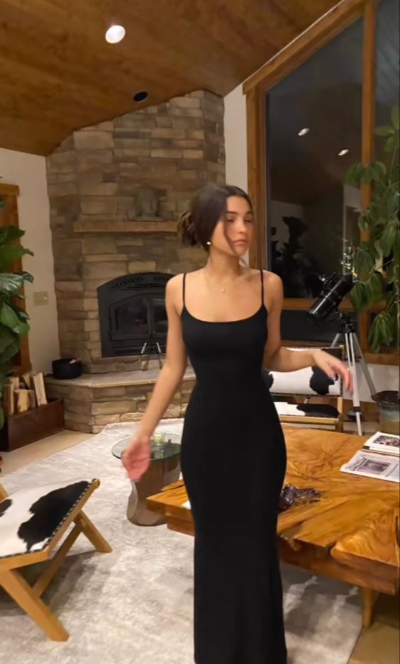 Spaghetti Straps Long Prom Dress Simple Prom Dress Classic Black Evening Dress cc217