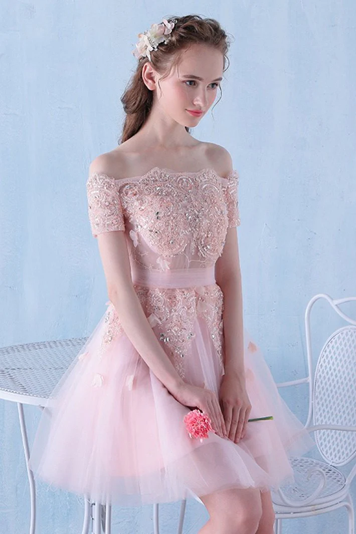 Pink Off the Shoulder Tulle Short Prom Dress with Beading, A Line Homecoming Dress c2997
