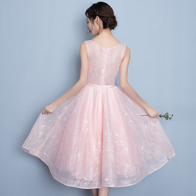 Pink round neck lace short prom dress, lace evening dress c2697