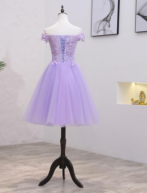 Light Purple Lace And Tulle Off The Shoulder Homecoming Dress, Short Party Dress c2779