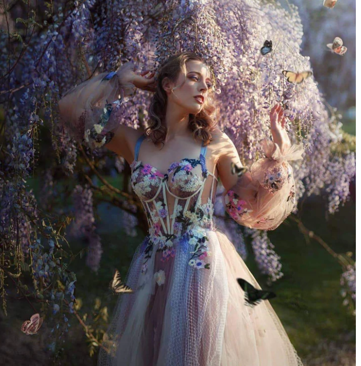 Elegant Dusty Lavender Floral Spaghetti Strap Sweetheart A-line Tulle Long Prom Dress  C2370