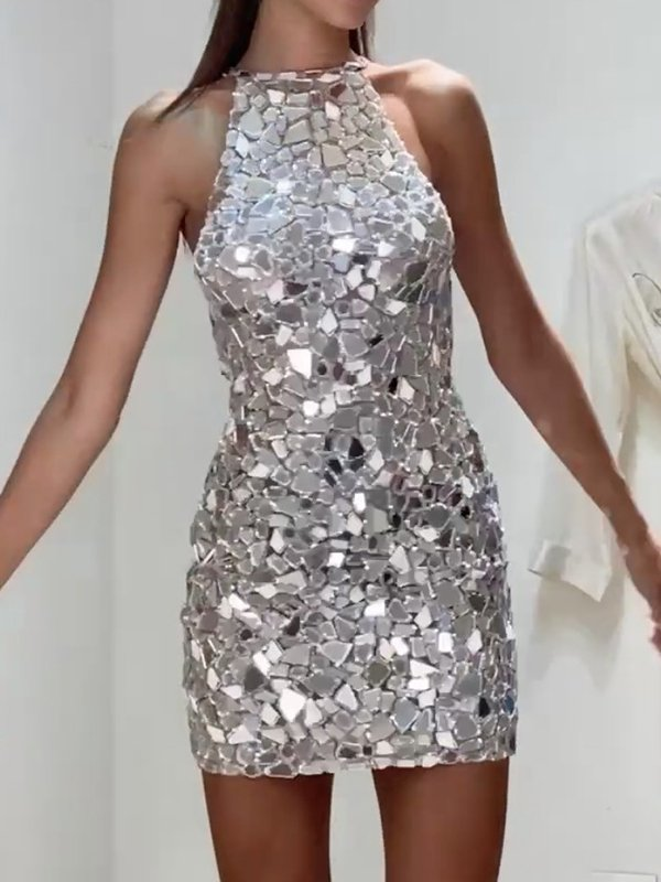 Halter-Neck Sequined Backless Sleeveless Loose Mini Dress Party Dress c3194