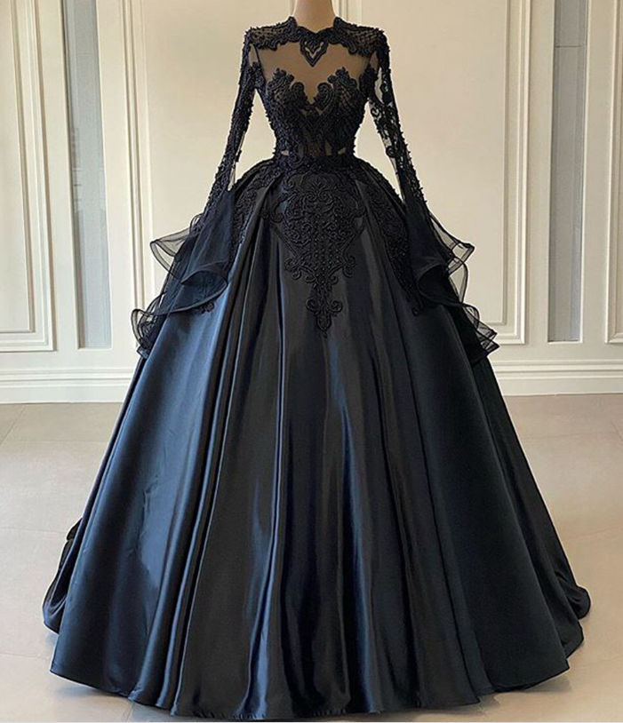 Puffy Ball Gown Women Long Sleeve Evening Dress Black Lace Twill Satin Beaded Dubai Style Formal Prom Dresses c3303