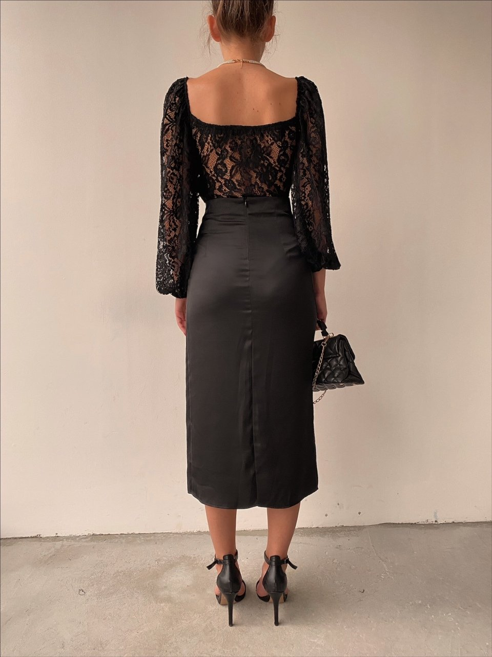 Lantern Sleeve Crochet Lace Top & High Slit Ruched Prom Dress c2507