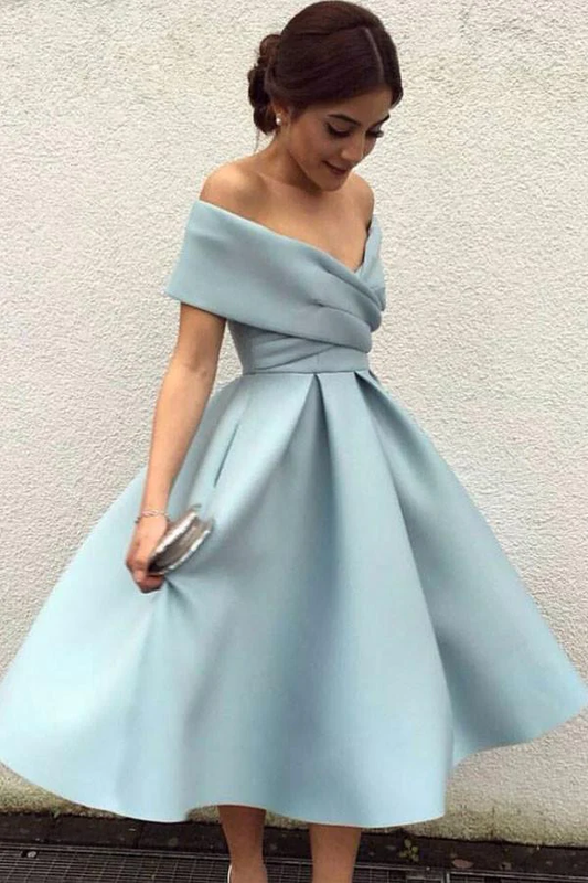 A-Line Off-the-Shoulder Tea-Length Sleeveless Homecoming Dress,Light Blue Satin Prom Dress c2955