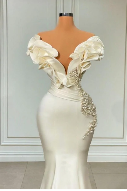White Long Pearl Ruffle Evening Dresses C2416