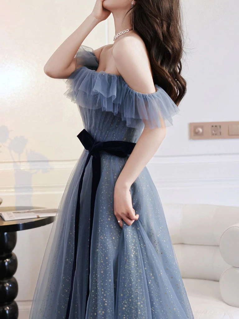 A-Line Gray Blue Off The Shoulder Long Prom Dress Tulle Evening Dress c2516