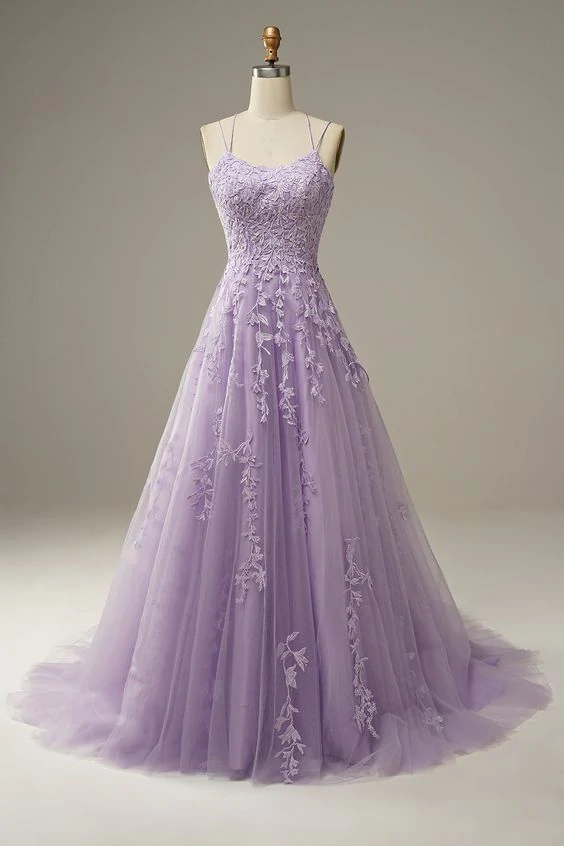 Purple tulle lace long prom dress formal dress  C2442