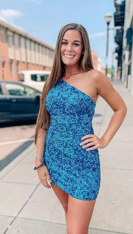 Cute white sequin homecoming dresses one shoulder mini dress c3275