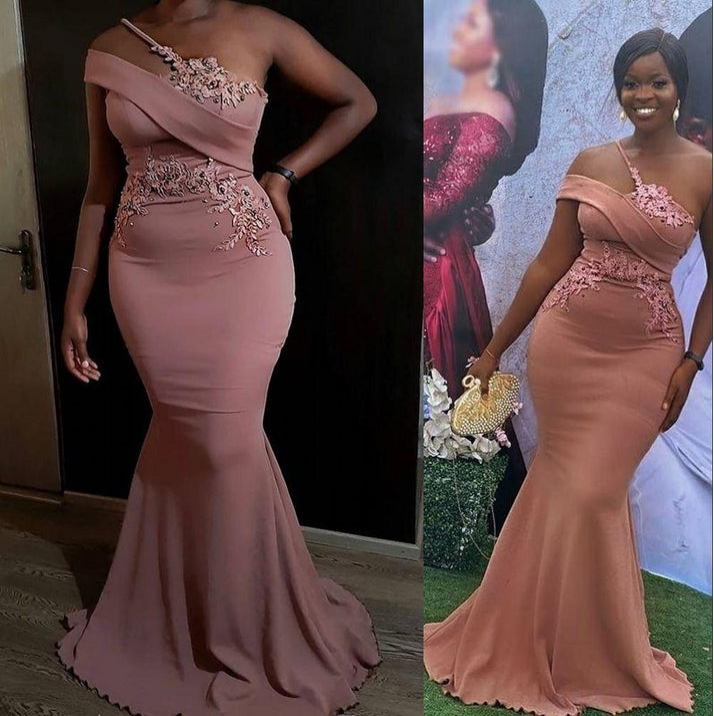 Sexy Blush Pink Arabic Aso Ebi Sexy Mermaid Prom Dresses Lace Applique Crystal Beaded Evening Gowns One Shoulder Formal Party Second Reception Robes c3488