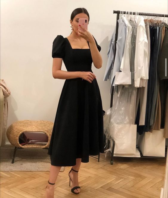 Trendy & Stylish Puff Sleeves Dresses Black Simple Prom Dress cc284