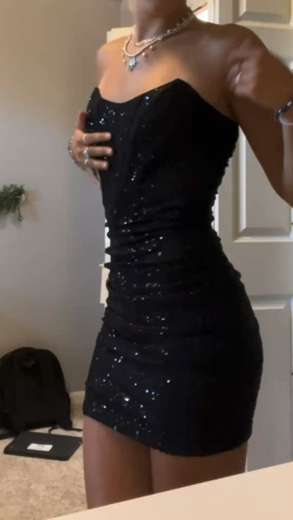 Strapless Black Dress Short Tight Black Dress Black Sequin Homecoming Dress cc298