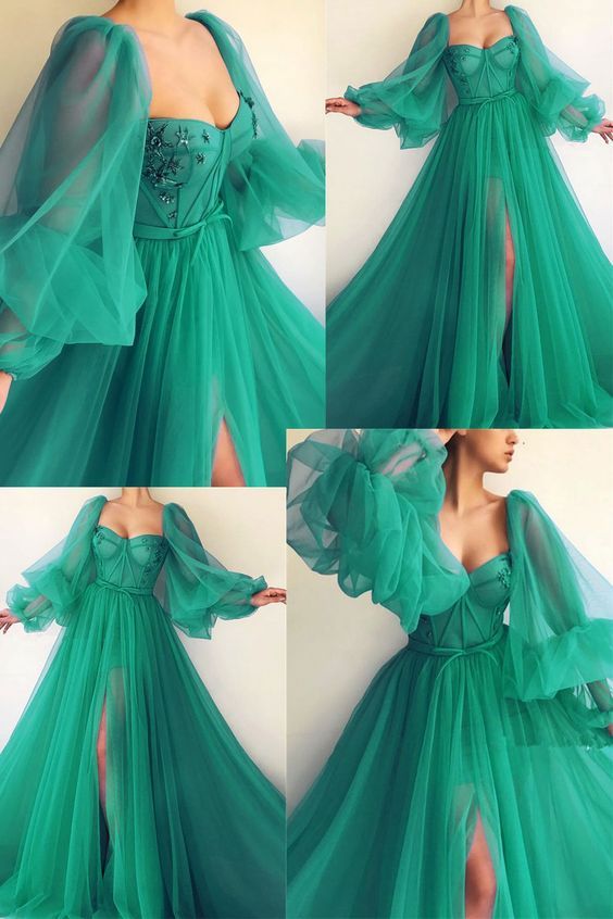 Puffy Sleeve Prom Dress Sweetheart Tulle Ball Gown A Line Princess Dress cc288