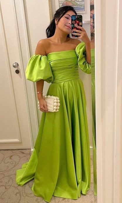 Sexy off shoulder puff sleeve floor length gown satin long evening dress cc290