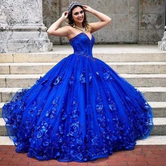 Royal Blue Quinceanera Flowers Corset Top Ball Gown 3D Flowers Sweet 16 Dress cc297