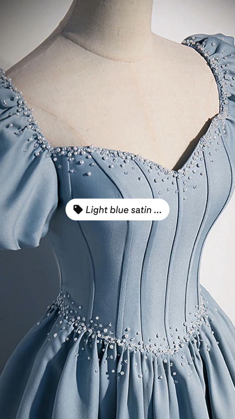Light Blue Satin Long Prom Dress Short Sleeves Birthday Dress Princess Dress cc255