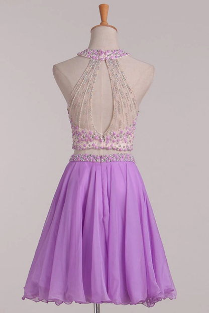 Two-Piece Halter Open Back Homecoming  Dresses Beaded Bodice Chiffon A Line c2655
