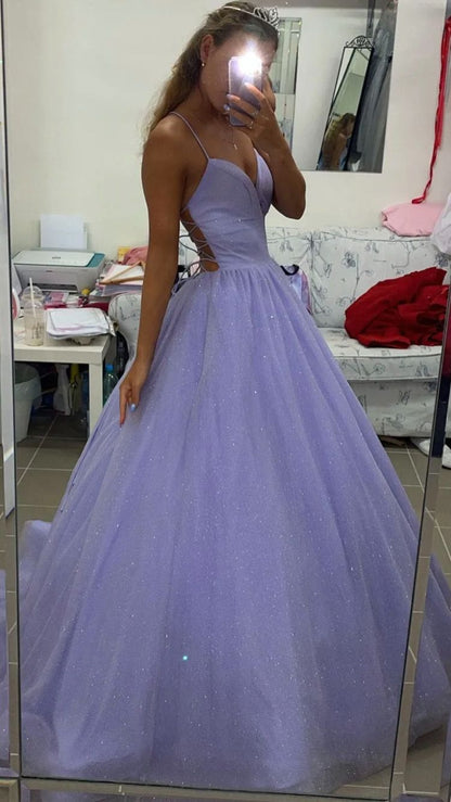 Purple V-neck tulle long prom dress evening dress cc469