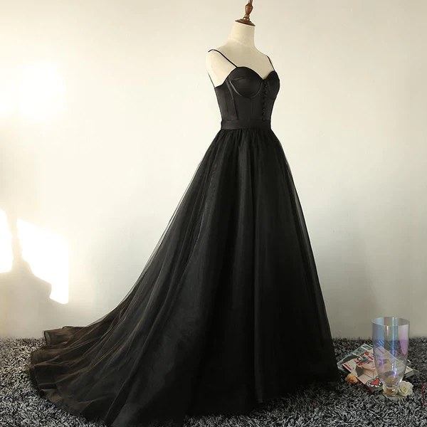 Ball Gown Spaghetti Straps Black Tulle Prom Dress Long Brush/Sweep Train Prom Dress c2834