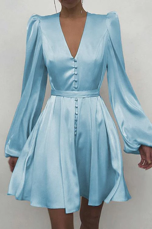 Satin V Neck Puff Long Sleeve Mini Dress Black Short Party Dress cc295