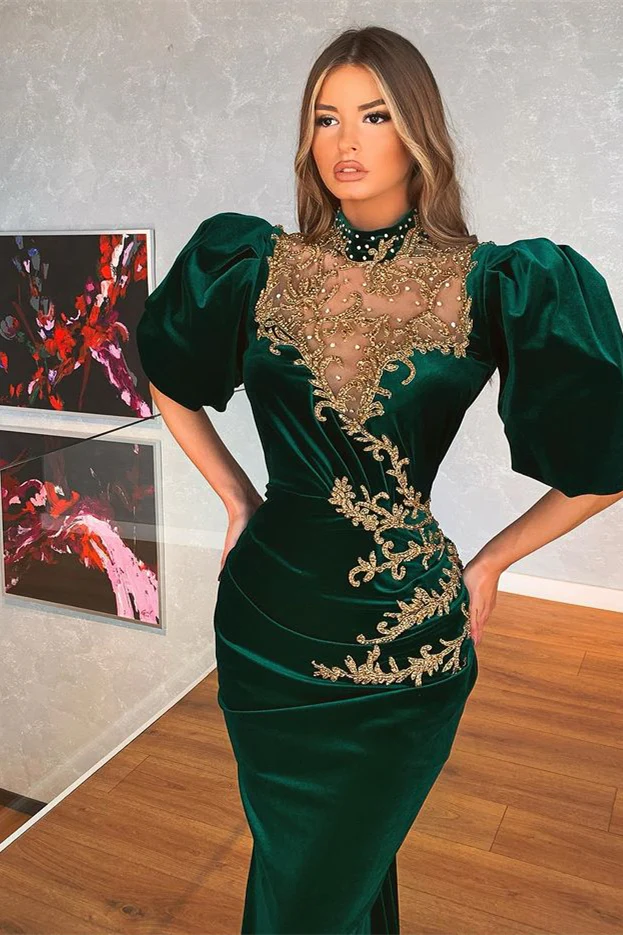 Modern Dark Green Bubble Sleeves Mermaid Prom Dress With Appliques  c2627