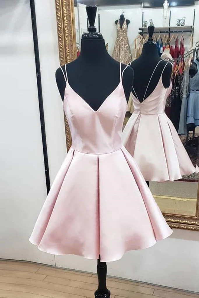 Cute V Neck Open Back Pink Short Dress, Backless Pink Homecoming Dress cc10