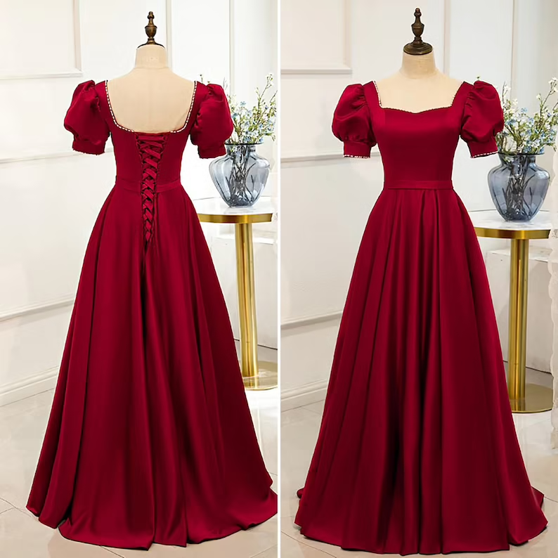 Red Satin Prom Dress Red Dress Puff Sleeve Victorian Dress  cc287