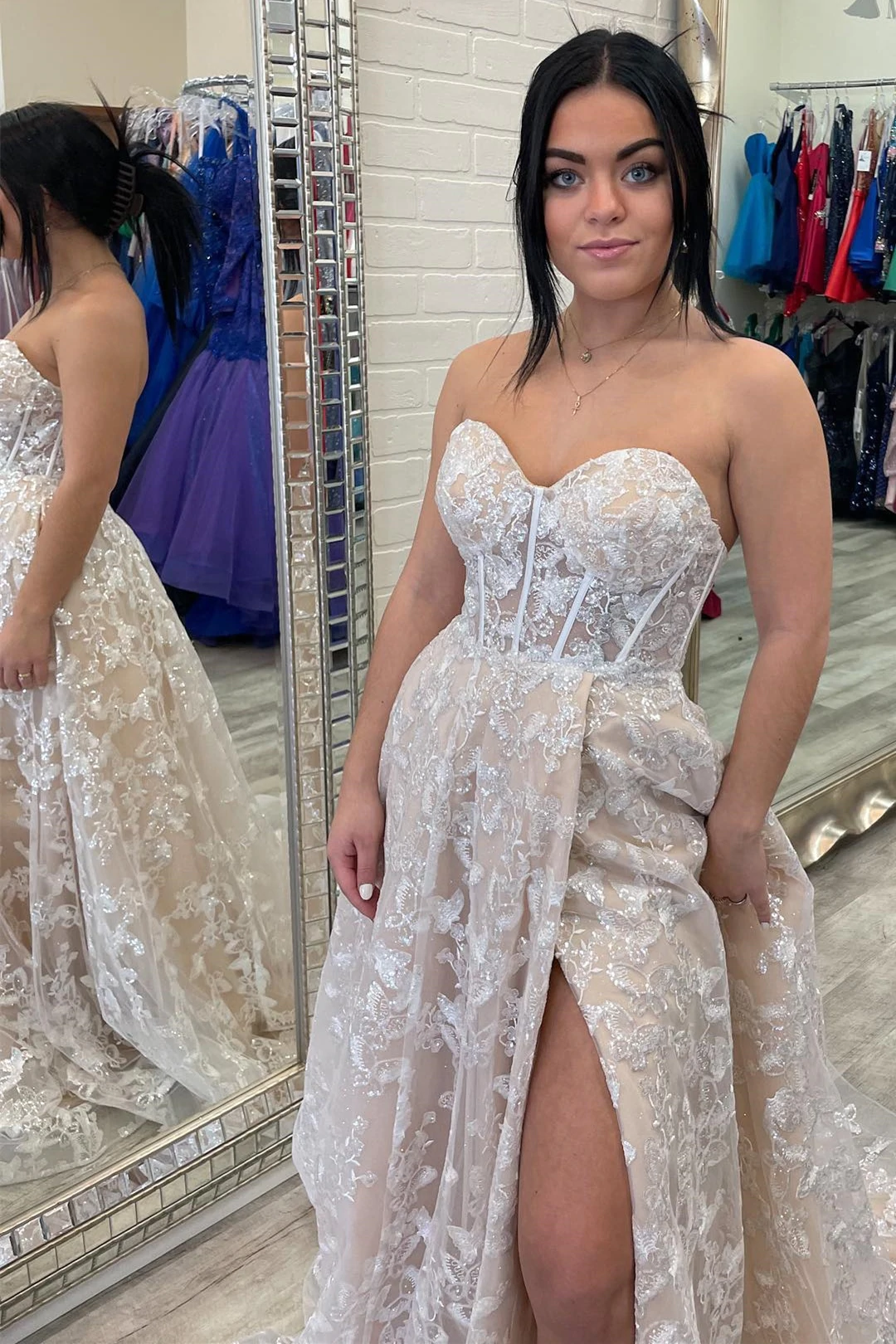 Sparkle Princess Bustier Puff Sleeve Lace Long Prom Dress Detachable Sleeves Evening Dress c2486